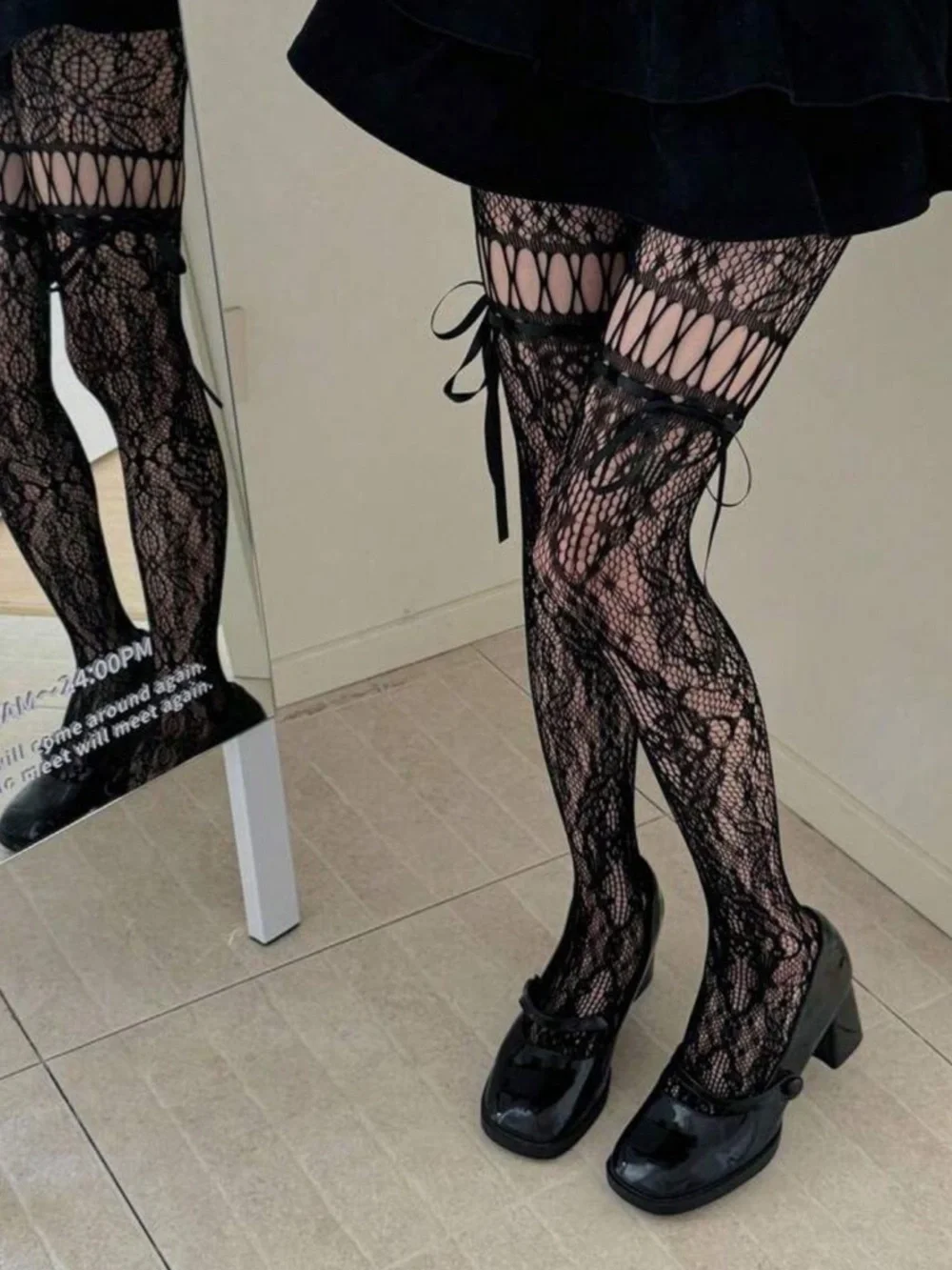 Black Lace Patterned Sheer Tights with Side Ribbon Detail